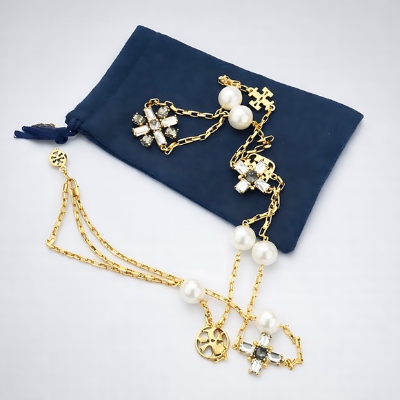 Tory Burch Elegant Roxanne Long Necklace Gold Tone, Crystal & Pearl Detail New - Picture 7 of 11